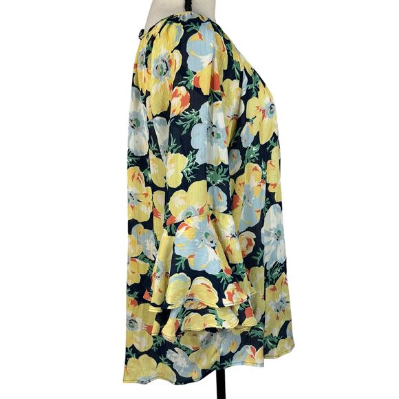 Chaps X-Large Top Floral Semi-Sheer Ruffled 3/4 Bell Sleeves Keyhole Round Neck - Picture 4 of 8
